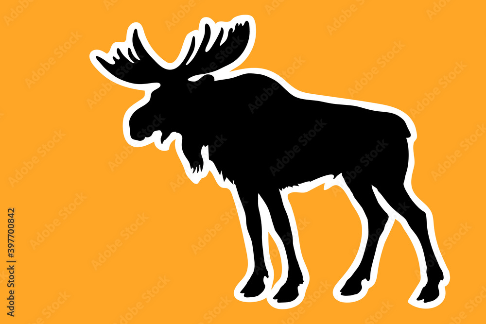 isolated black silhouette of a single horned elk on an orange background, for stickers, decoration