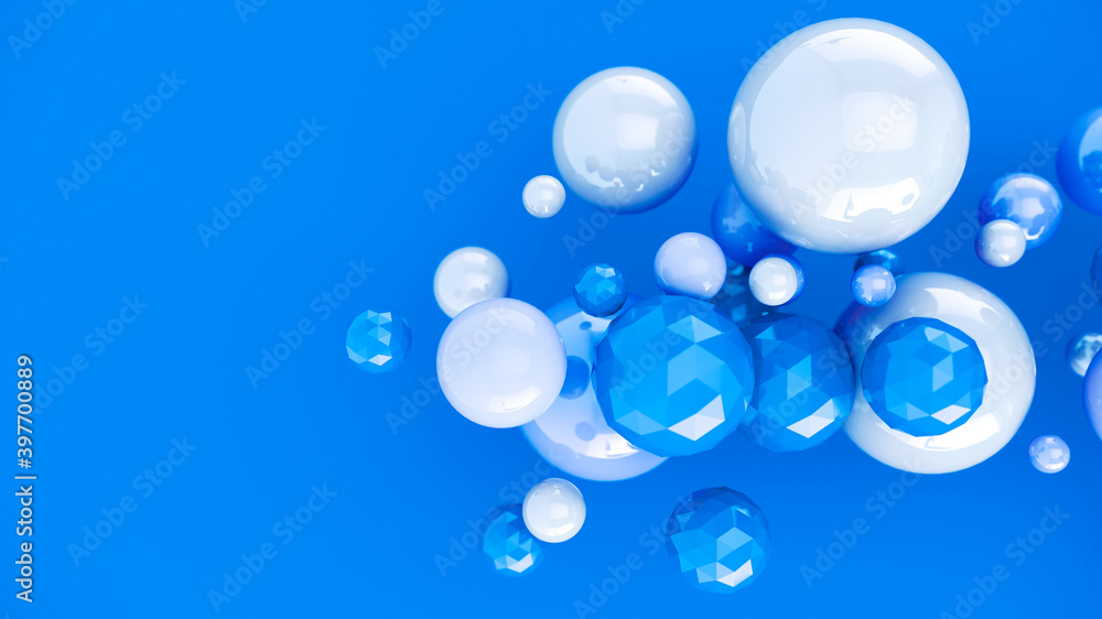Abstract blue background with 3d spheres. Bubbles design. 3d rendering
