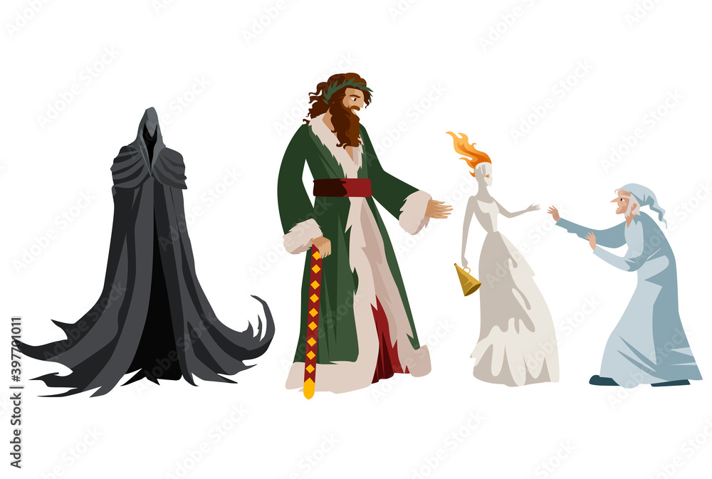 three-ghosts-and-old-man-in-christmas-carol-tale-stock-vector-adobe-stock