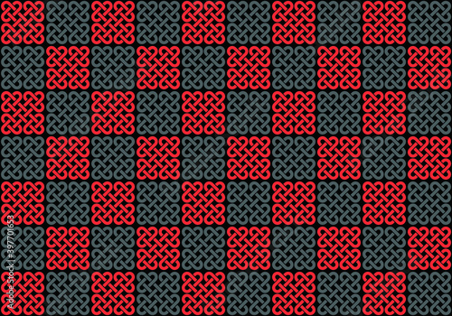 Vector background - geometric celtic red and gray pattern on a black background