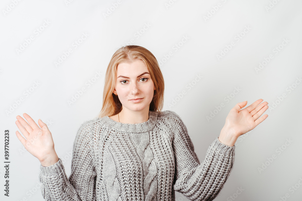 Clueless indifferent hesitating woman shrugging Clueless indifferent hesitating woman shrugging