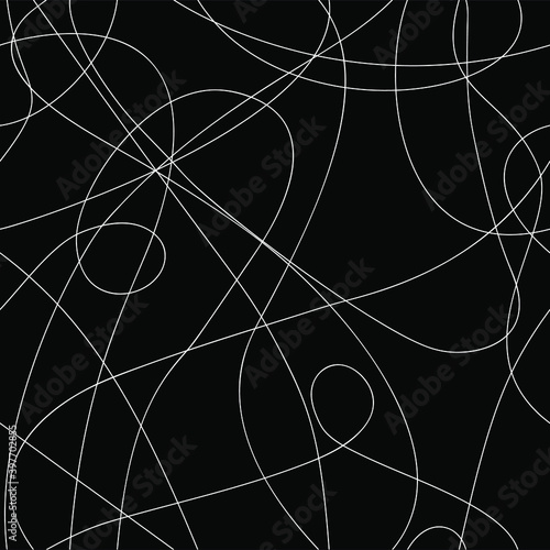 Threads. Seamless pattern with white continuous lines on a black isolated background. Abstract minimalistic print. Great for fabric, wallpaper, textile, wrapping.
