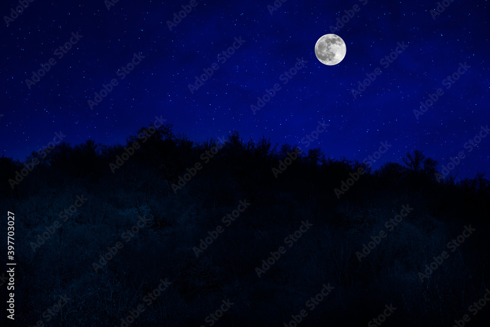 Mountain Road through the forest on a full moon night. Scenic night landscape of dark blue sky with moon. Azerbaijan Mountain Road through the forest on a full moon night. Scenic night landscape of dark blue sky with moon. Azerbaijan
