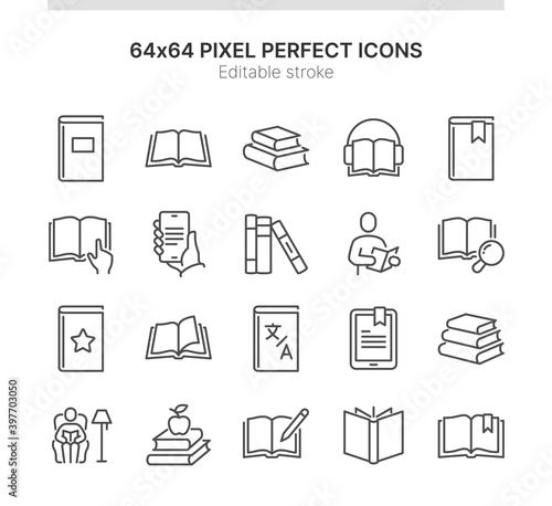 Simple Set of Icons Related to Books. Contains such icons as Reading Man, Opened Book, Dictionary and more. Lined Style. 64x64 Pixel Perfect. Editable Stroke.