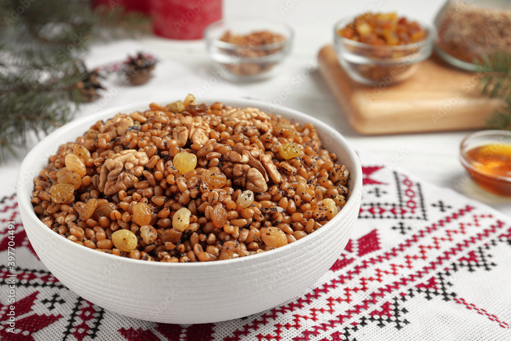 Traditional Christmas slavic dish kutia on table, closeup Traditional Christmas slavic dish kutia on table, closeup