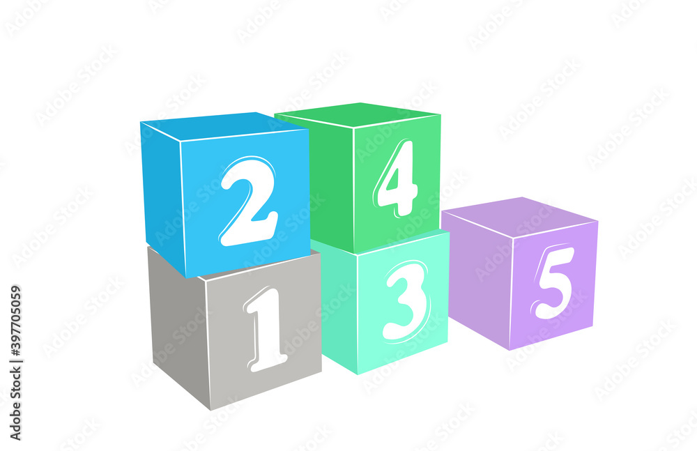 building blocks kids toys count 1 to 5 numbers. 3d illustration perspective view building blocks kids toys count 1 to 5 numbers. 3d illustration perspective view