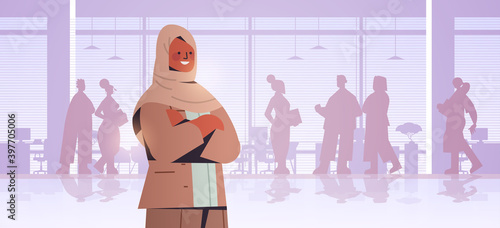 arab businesswoman leader standing in front of businesspeople silhouettes business competition leadership concept office interior horizontal portrait vector illustration
