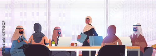 arabic businesspeople group discussing during conference meeting at round table successful teamwork concept modern office interior horizontal portrait vector illustration