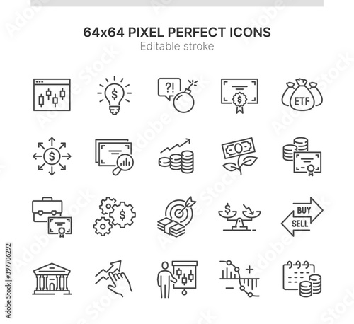Simple Set of Icons Related to Stock Exchange. Contains such icons as Money Growth, Business Advice, Obligation and more. Lined Style. 64x64 Pixel Perfect. Editable Stroke.
