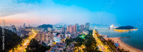 Aerial photography night view of urban architecture landscape in Zhuhai, China