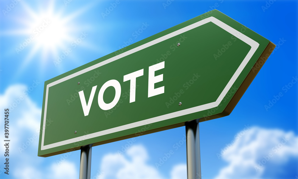 Obraz premium Vote Green Road Sign Against Clouds and Sunburst.