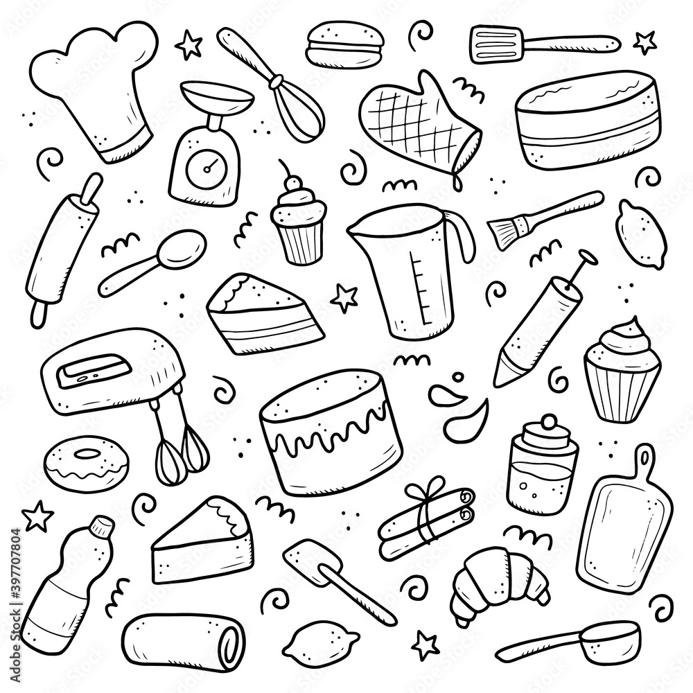 Hand drawn set of baking and cooking elements, mixer, cake, spoon