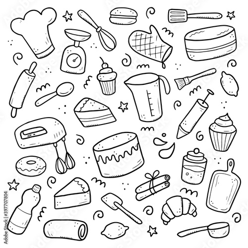 Hand drawn set of baking and cooking elements, mixer, cake, spoon, cupcake, scale. Doodle sketch style. Bakery element drawn by digital brush-pen. Illustration for icon, menu, recipe design.