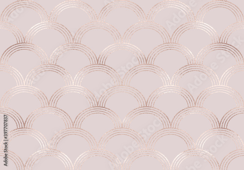 Art deco seamless pattern with rose gold mermaid scales and pink glitter texture. 