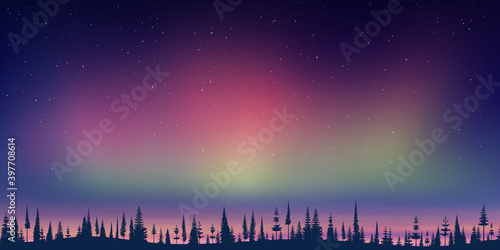Fantasy on the theme of the northern landscape. Dusk and polar lights. Forest and sunset light. Vector illustration.