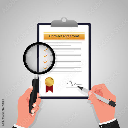 Hand holding magnifying glass to review and signing contract agreement document form concept. Business deals vector illustration