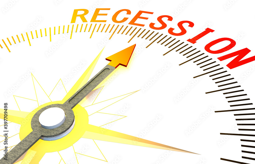 Recession word on white compass Recession word on white compass