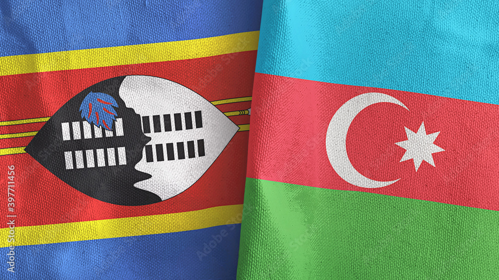 Azerbaijan and Eswatini Swaziland two flags textile cloth 3D rendering