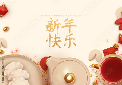 Chinese New Year. Traditional Holiday Lunar New Year, Spring Festival design. Red background with Realistic elements dish. China's Holiday foods with Lucky Meanings. Family Time. Flat lay top view.