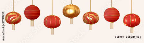 Set Red hanging lantern Traditional Asian decor. Decorations for the Chinese New Year. Chinese lantern festival. Realistic 3d design vector illustration
