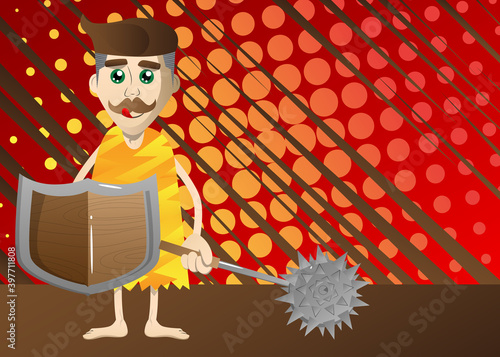 Cartoon man from a prehistoric era holding a spiked mace and shield. Vector illustration of a man from the stone age with ancient weapons.