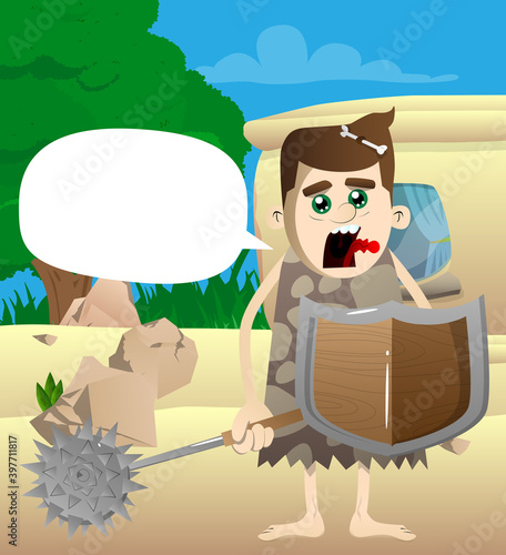 Cartoon man from a prehistoric era holding a spiked mace and shield. Vector illustration of a man from the stone age with ancient weapons.