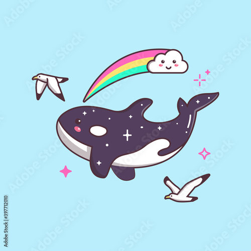 Cute Kawaii Orca Flying with Seagull and Rainbow Drawing Illustraton
