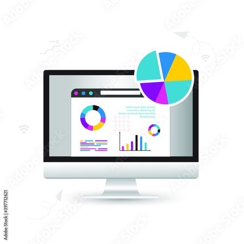 Vector illustration of file storage technology,Statistics Data and Analytics Software Laptop Application