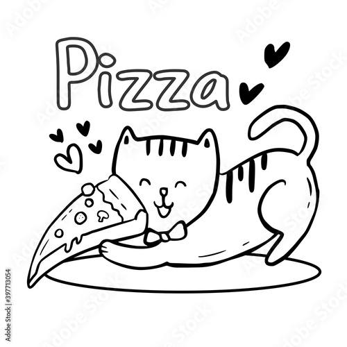 Coloring page with cute cat holding pizza design vector