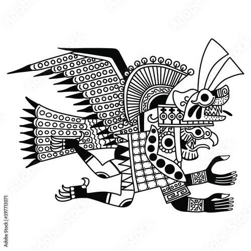 Fantastic flying anthropomorphic bird man. Ancient Peruvian art of Moche or Mochica Indians. Black and white silhouette.