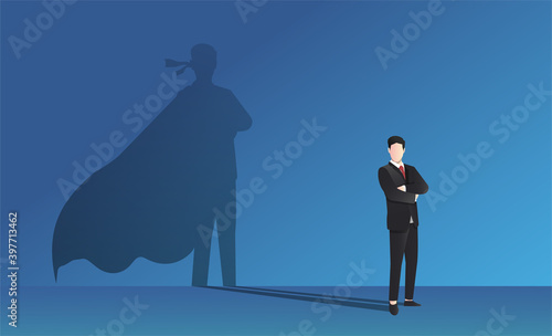 Businessman with superhero shadow vector illustration.
