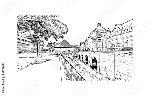 Building view with landmark of Nuremberg is the 
city of Germany. Hand drawn sketch illustration in vector.