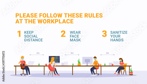 Safety rules at workspace during pandemic covid-19. New normal office concept. White background