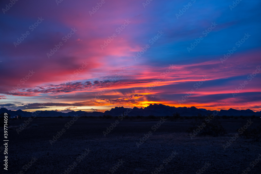 Dramatic vibrant sunset scenery along Quartzsite, Arizona