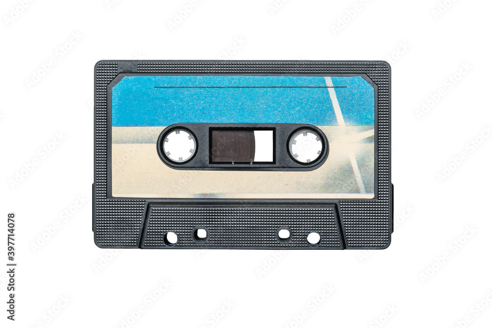 Blue and white tape recorder isolated on a white background.