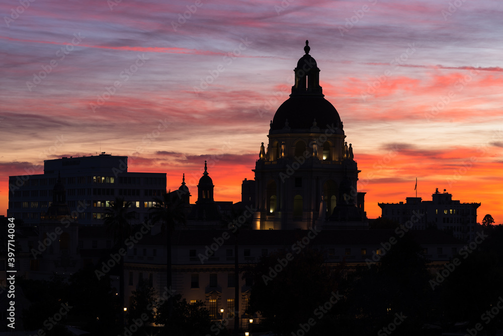 Silhouette of the Pasadena City Hall shown at dusk. Pasadena is located in Los Angeles County, California, United States.