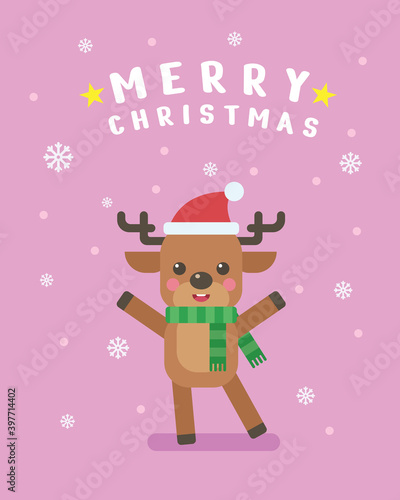 Cute reindeer wearing hat and scarf on snow scene background. Flat vector cartoon illustration with Merry Christmas text.