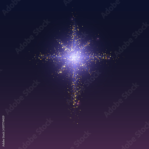 Glittering Bethlehem Star on dark background. Shimmering dust in bright light. Vector illustration.