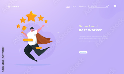 Best player superhero get a trophy, Get an award for best worker illustration concept