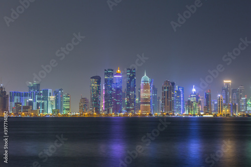 Skyline of Doha city at night, west bay of Doha city center after sunset © Sen