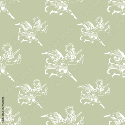Seamless monochrome ethnic pattern with silhouetted  fantastic characters. Colibri bird man runner. Ancient Peruvian art of Mochica or Moche Indians.