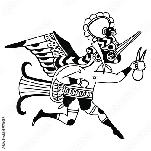 Fantastic character. Anthropomorphic running bird man with long beak. Black and white silhouette. Moche or Mochica Indians. Native American mythology of ancient Peru.