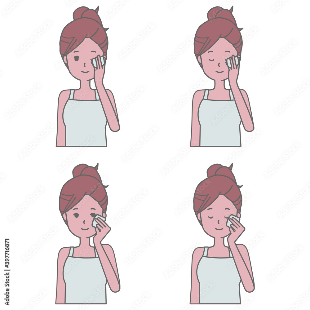 コットンで化粧を落とす女性のイラストセット
