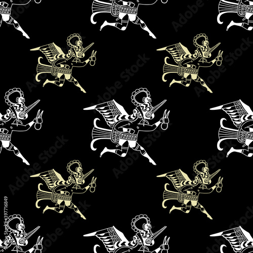 Seamless monochrome ethnic pattern with fantastic characters. Colibri bird man runner. Ancient Peruvian art of Mochica or Moche Indians.