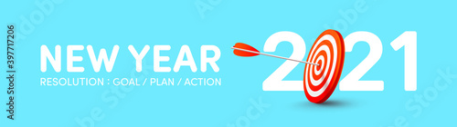 2021 New Year Resolution banner with red archery target and arrows archer.Goals,Plans and Action for new year 2021 concept.Vector illustration eps 10