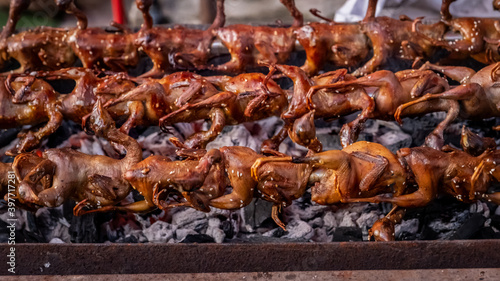 Cooked Partridge covered with sesame seeds. BBQ spit roast Quail skewered over hot coals by Thai street food vendor in Thailand.