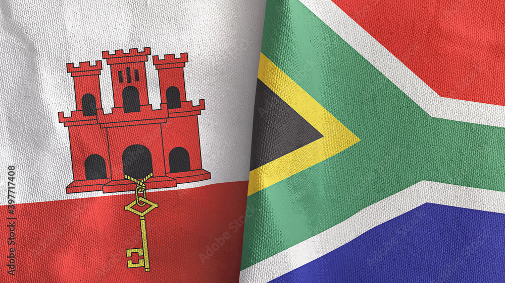 South Africa and Gibraltar two flags textile cloth 3D rendering