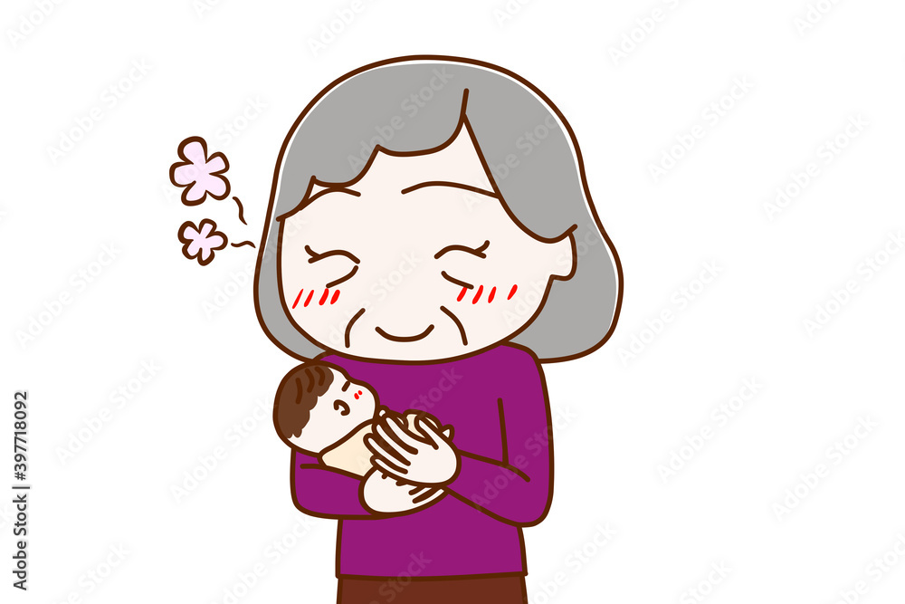 眠っている赤ちゃんを抱きながら癒されて笑顔になる高齢の女性