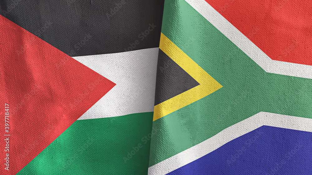 Fototapeta premium South Africa and Palestine two flags textile cloth 3D rendering