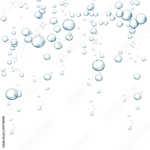 Blue fizzy bubbles. Sparkles underwater stream in water, sea, aquarium. Fizzy pop and effervescent drink. Abstract fresh soda bubbles. Vector illustration.